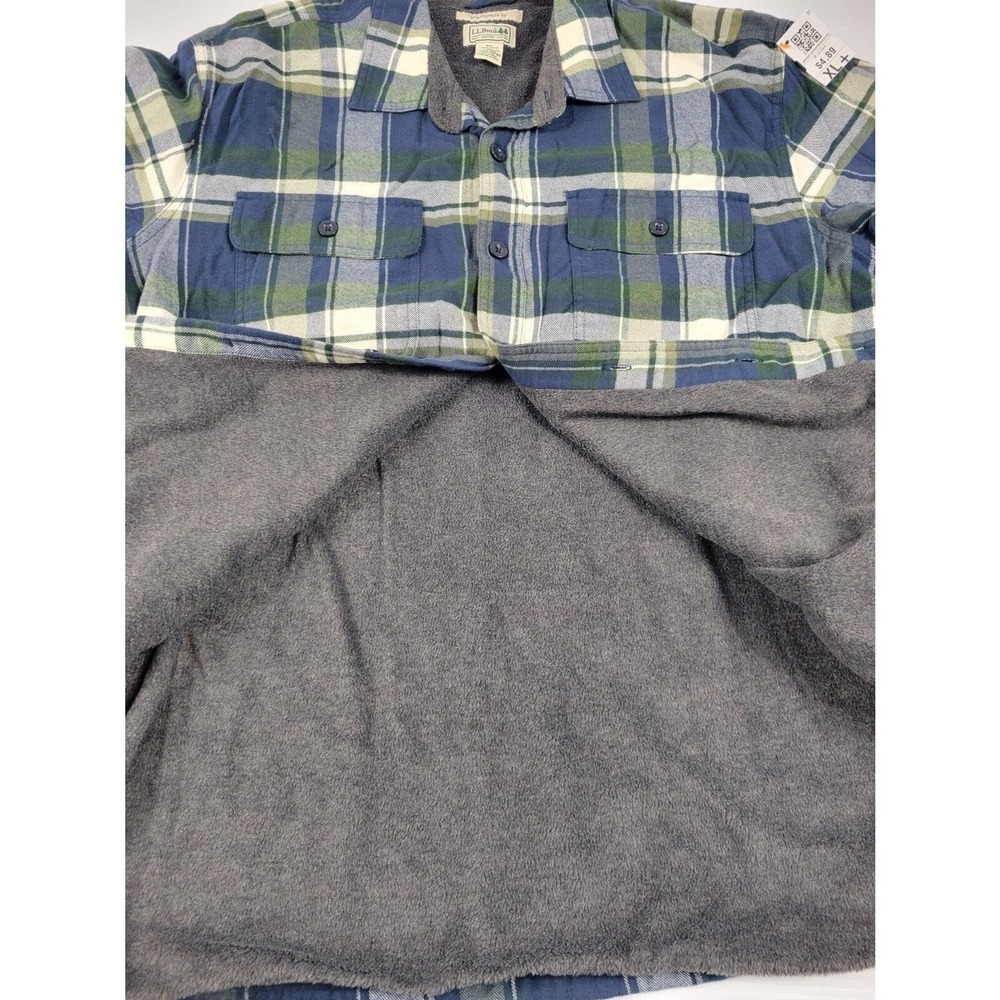 LL Bean 298189 Mens XXL 2XL Fleece Lined Plaid Jacket Shacket Blue Green Yellow - Picture 8 of 12